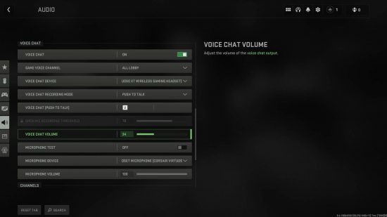 Servizio vocale Modern Warfare 2 non disponibile: la schermata delle impostazioni che mostra tutte le impostazioni vocali
