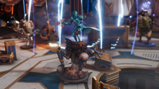 Moonbreaker cargo rush update: A blue energy captain rides atop a three-legged robot as lightning strikes the gameboard behind them