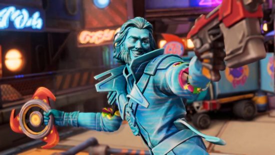 Moonbreaker update monetisation: A close-up shot of a Moonbreaker miniature depicting a bearded hero painted all blue, holding a pistol and smiling roguishly