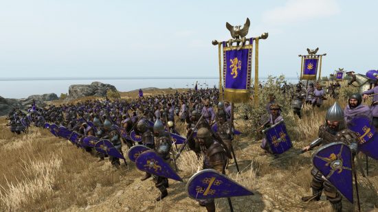 Mount & Blade II: Bannerlord release: Warriors in purple-accented Eastern-style armour stand in formation near banners decorated with gold fringe and topped by two-headed golden griffons.