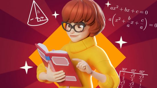 Multiversus ranked: Velma is studying her book with math problems floating around her.
