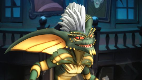 Multiversus tier list: Stripe is a green and yellow spiked gremlin with a white mohawk. He is staring at the camera with barred teeth and is standing in a room with creepy paintings in the background.