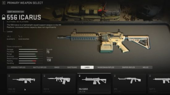 Best Modern Warfare 2 556 Icarus loadout: The 556 Icarus gun in the weapon select screen