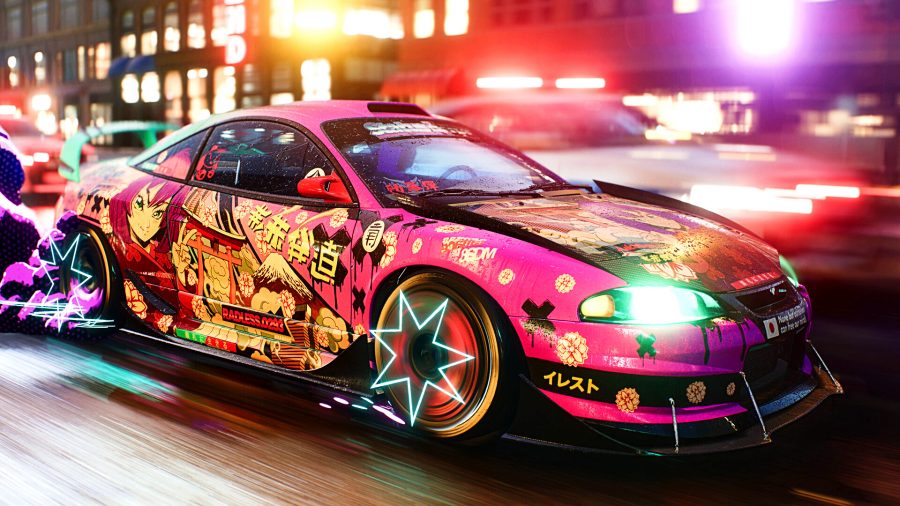 Need for Speed Unbound - a decal-covered pink and orange tuner car zooms through neon-lit streets, surrounded by pursuing police cars