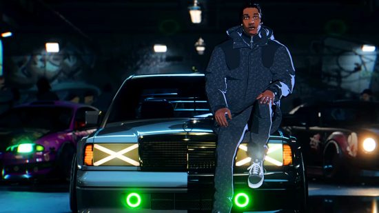 Need for Speed Unbound release date reveal trailer - A$AP Rocky sitting on the hood of a car in a garage