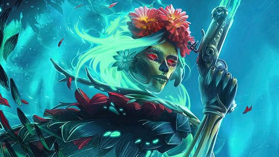 Dota 2 hero Muerta is wearing one of the MOBA's most powerful items: An undead woman wearing a red flower crown looks over her shoulder with red eyes at the camera holding a spectral gun as petals fly off of her cloak into the night