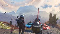 No Man's Sky update 4.0, Waypoint, caps off the "biggest jump so far": A space explorer stands near their ship, looking out over a beautiful mountain range with the rings of a nearby planet filling the bright sky