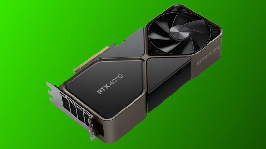A mock up of an RTX 4070 Founders Edition against a two-tone green background