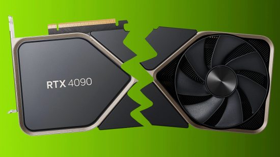 An Nvidia GeForce RTX 4090 GPU Founders Edition cut in half against a two-tone green background