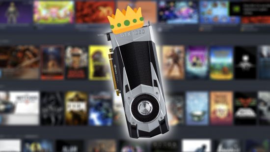 Nvidia GTX 1060 GPU with emoji crown and Steam client in backdrop