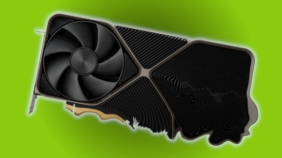 Nvidia RTX 4090 Ti: A Lovelace Founders Edition GPU, with its right sight slightly melted, against a two-tone green background