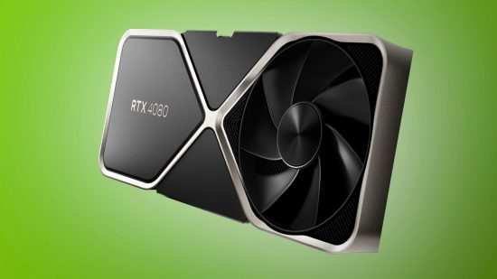 The Nvidia GeForce RTX 4080 graphics card floats against a two-tone green background
