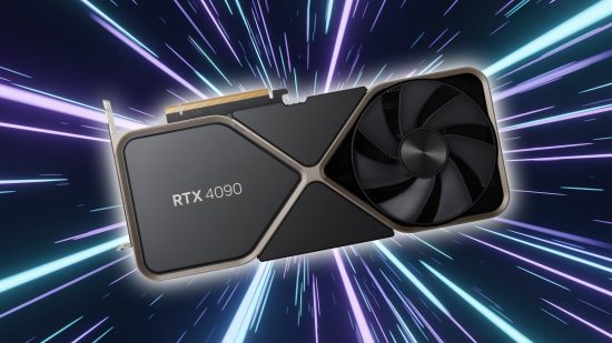 Nvidia RTX 4090 graphics card with lightspeed background