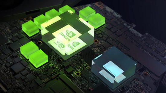 A 3D render o the internals of an Nvidia gaming laptop