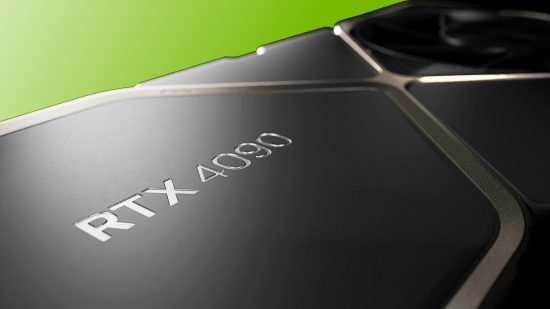 An Nvidia GeForce RTX 4090 graphics card, close up, against a white-green background