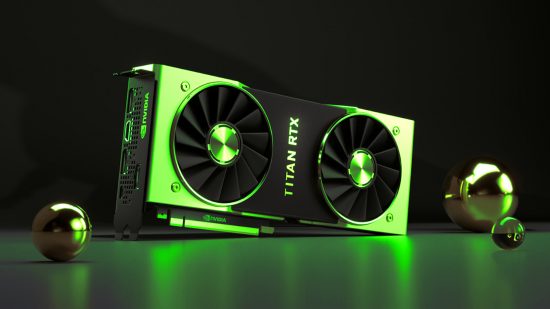 Nvidia RTX 4090 Ti: A GeForce Titan RTX 4000 graphics card, surrounded by reflective metallic spheres