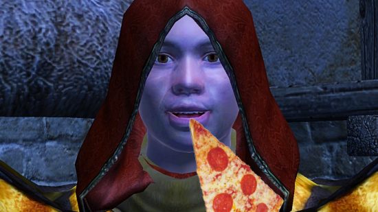 The Elder Scrolls IV: Oblivion - a man in a hood opens his mouth for a slice of pepperoni pizza