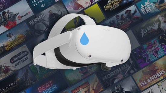 Oculus Quest 2 headset with Steam backdrop and tear emoji