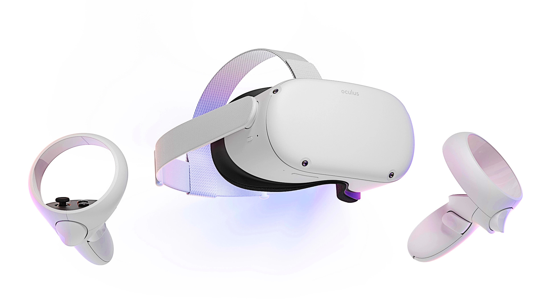Oculus Quest 2 VR headset with controllers on white backdrop