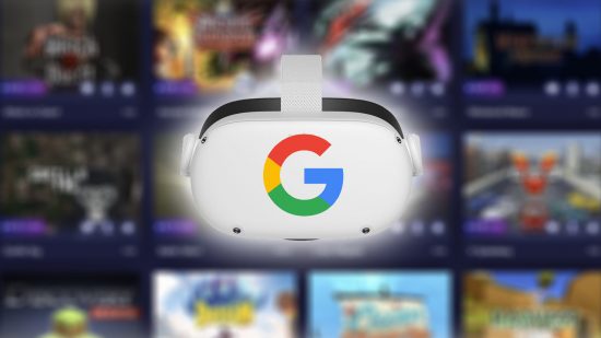 Oculus Quest 2 with SideQuest store blurred in back with Google logo on headset