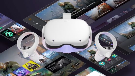 An Oculus Quest 2 VR headset against a background of Xbox Game Pass titles