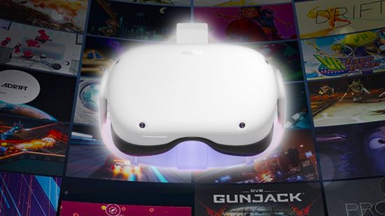 Oculus Quest 2 headset with Meta Quest store backdrop