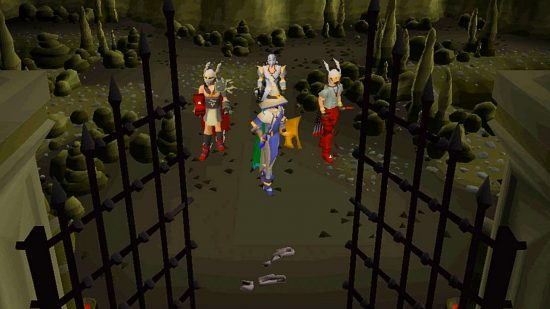 Old School Runescape fresh start worlds: A party of four adventurers approaches an iron gate deep in a cave in Old School Runescape