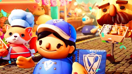 Overcooked World Food Festival - a human chef, a fox chef, and the Onion King stride down a street