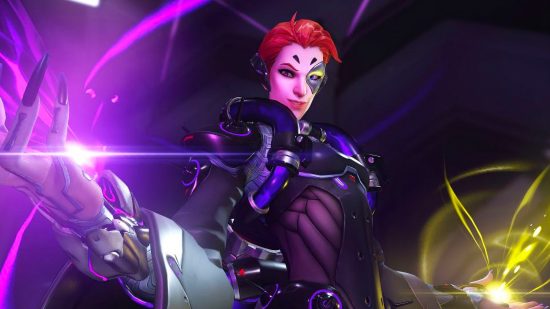 Best Overwatch 2 support heroes: Moira holding a purple orb in her right hand and a yellow one in her left