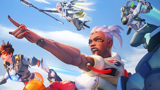 Overwatch 2 competitive ranks: Sojourn point off-screen, flanked by Tracer and Mercy