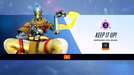 Overwatch 2 endorsement rewards screen, showing level 3 reached and '1' battle pass XP awarded by a picture of Zenyatta