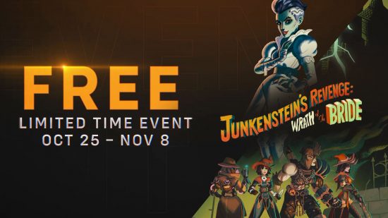 Overwatch 2 Junkenstein's Revenge Wrath of the Bride Halloween event: The limited-time event announcement depicted in the Overwatch 2 season one trailer, showing Ashe, Kiriko, Junker Queen, and Sojourn taking on Sombra dressed as a bride of Frankenstein.