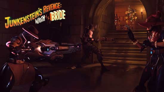 Overwatch 2 Junkenstein's Revenge Wrath of the Bride Halloween event: The screenshot posted by Blizzard on their blog post, depicting Kiriko, Junker Queen, and Sojourn sneaking through a castle interior as zomnics approach from the top of a flight of stairs.