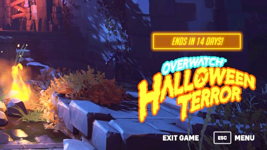 Overwatch 2 - brightened-up shot of the Halloween main menu showing Soldier: 76 T-posing in the background