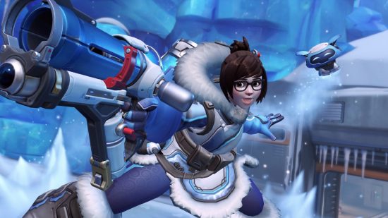 Overwatch 2 ice wall bug: Mei leaps and aims her weapon in a snowy scene