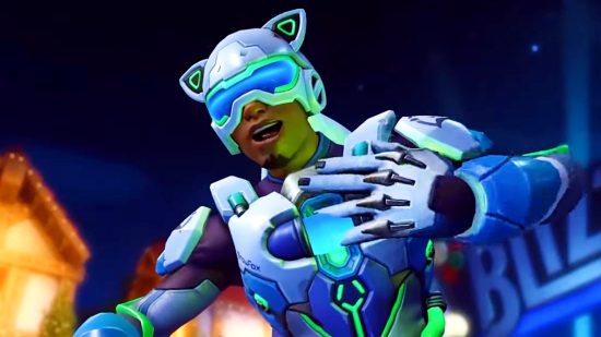 Overwatch 2 - Lucio in his Snow Fox skin, a white outfit with neon green lighting and small animal ears on the helmet
