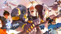 Overwatch 2 meta: An assembly of Overwatch 2 characters charging into battle, including Reinhardt, Tracer, Mei, Winston, Mercy, and Echo
