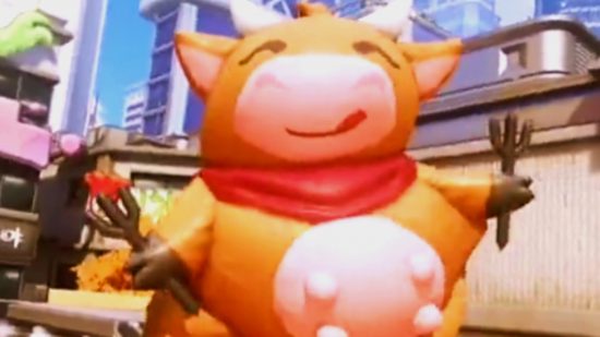 Overwatch 2 removes 'cow jiggle physics' - a large inflatable cow sitting on a rooftop on the Busan map