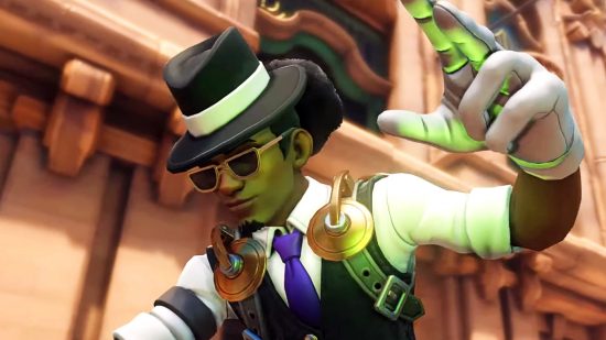 Overwatch 2 sound settings - Lucio in his Jazzy outfit (suit, purple tie, trilby, sunglasses) throws his hand up in time with the beat as he DJs