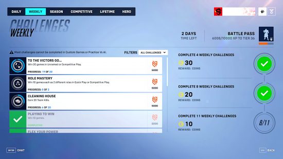 Overwatch 2 weekly challenges screen, showing 8/11 challenges completed with two days remaining to finish the remainder for 10 Overwatch Coins