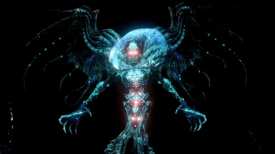 Path of Exile Loot Goblins - a glowing blue semi-humanoid creature with glowing red parts, long arms, large hands, and two wide wings spreading from its back