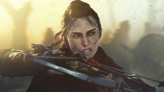 A Plague Tale Requiem review: A young girl with brown hair pulled into a braid cries in anger as she wields a crossbow