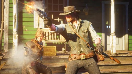 Red Dead Redemption 2 gets a new Halloween update -- from a year ago: John Marston and Sadie Adler in a shootout in Red Dead Redemption 2