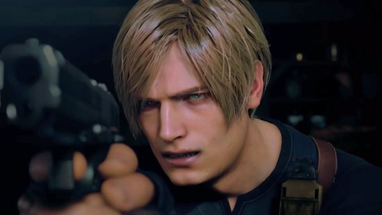 Resident Evil 4 remake easter egg links back pleasingly to RE2: protagonist Leon S. Kennedy points a gun at the screen