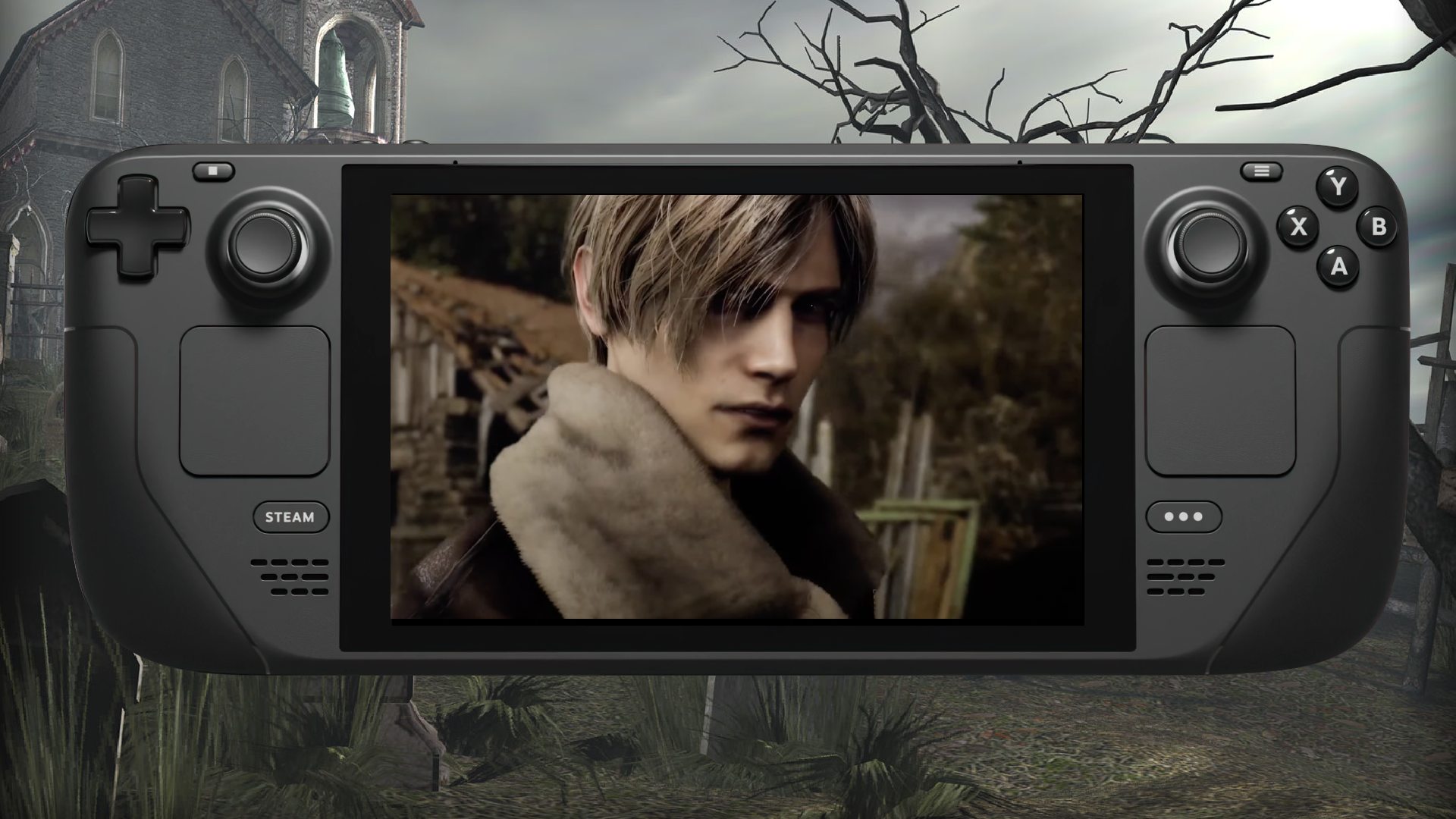 Requisitos del sistema de Resident Evil 4: Leon Kennedy en Steam Deck con fondo de cementerio