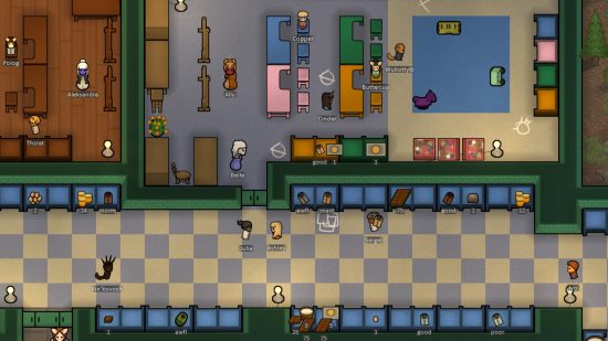 RimWorld Biotech expansion: A top-down view of a school facility in RimWorld, with teachers and children going about their daily business
