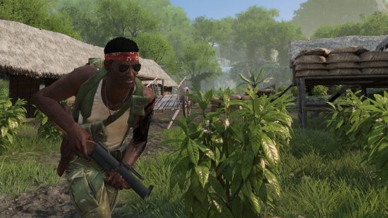 Epic Games Store free games: A soldier wearing aviator sunglasses and a red bandana holds a grenade launcher as he stalks forward in a green jungle clearing