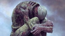 How to heal in Scorn: The humanoid figure that serves as the player character in Ebb Software's first-person survival horror game, hunched over in the fetal position.