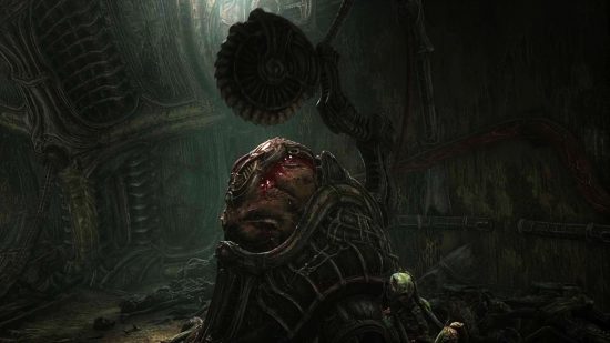 Saw or scoop in Scorn: The saw in the Giger-inspired horror game, a biomechanical contraption with a seat for the fleshling to be cradled in as it works.