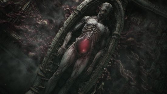 Scorn story explained: One of the gravid bodies that lie in ceremonial rest within the fertility temple, largely featureless aside from the artificial womb that's biomechanically implanted into its abdomen.